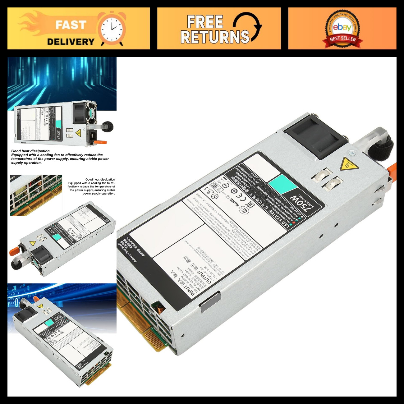 750W Server Power Supply Replacement, 100-240V, Cooling Fan for DELL R530 R630 R