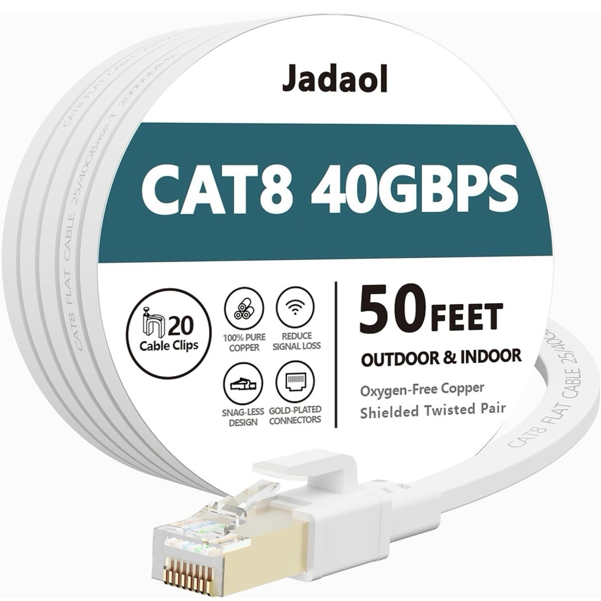 Jadaol Cat 8 Ethernet Cable 50 ft, 40Gbps 2000MHz Flat RJ45 S/FTP 50ft, White 