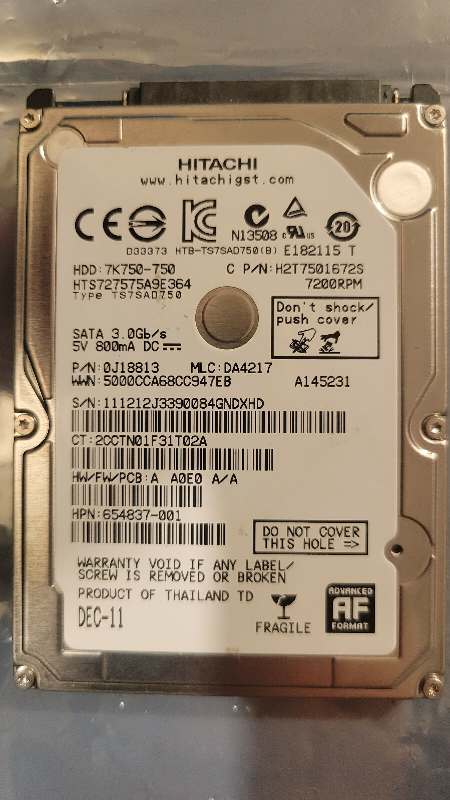 Hitachi HTS727575A9E364 MLC DA4217 PN 0J18813 750GB 2.5" SATA HD 654837-001