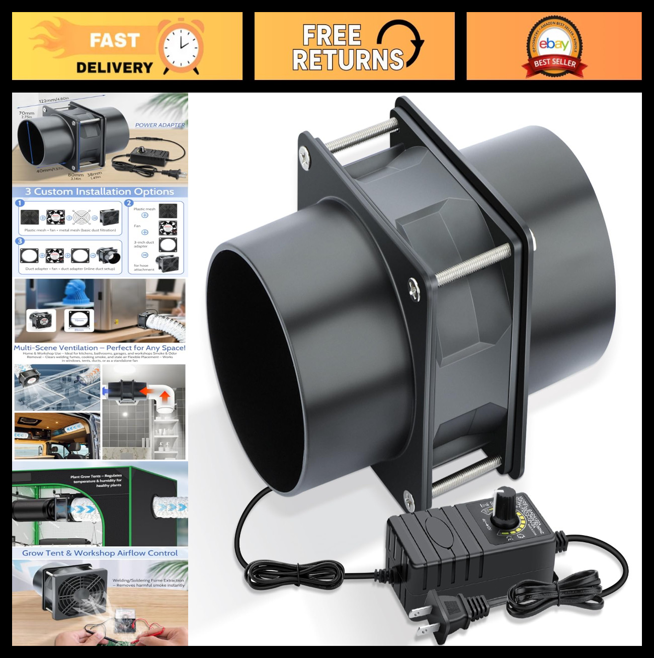 80mm 12V DC Axial Exhaust Fan with AC Adapter - High Airflow Duct Fan for Fume E