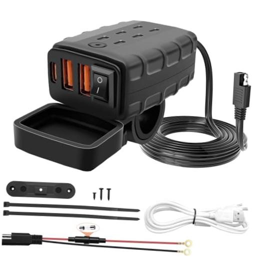 Motorcycle USB Phone Fast Charger Socket Charging 2 USB+Type-C with ON/Off
