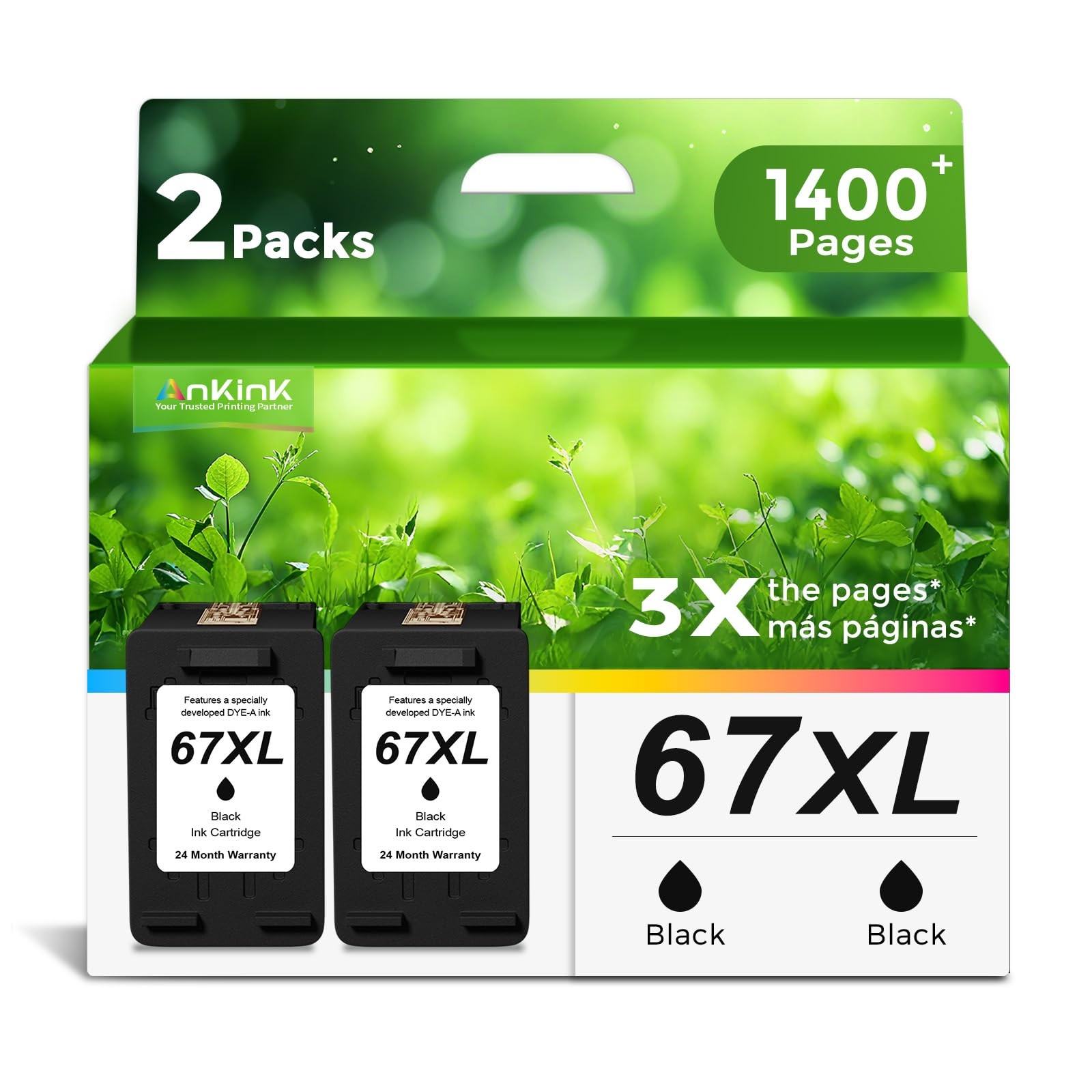 Ankink Black Ink Cartridge for HP 67 XL (2-Pack) 67XXL