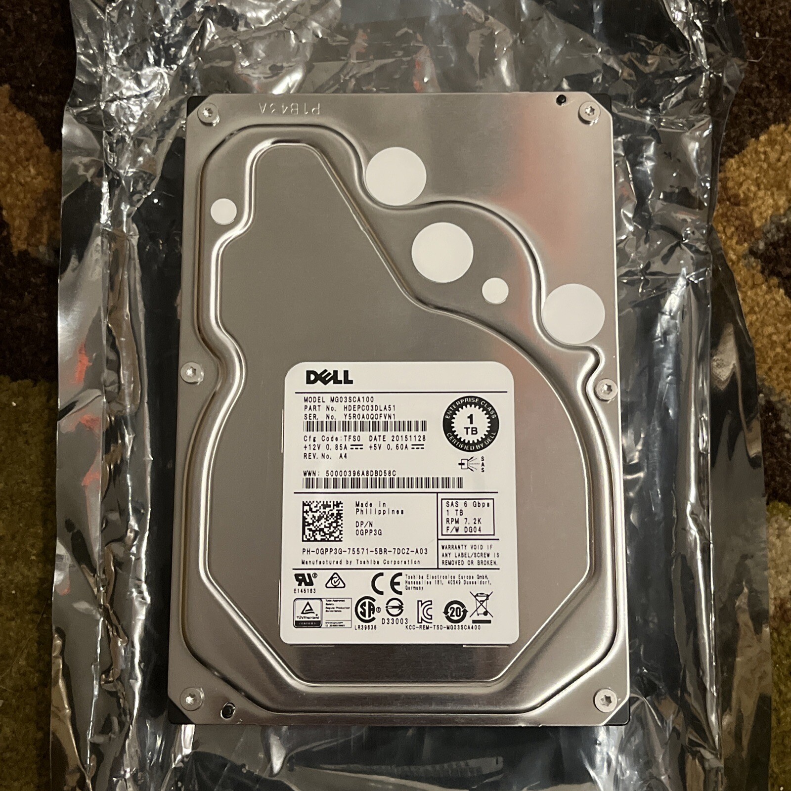 3C46W 03C46W DELL 1TB 7.2K 6Gbps 64MB Cache SATA 3.5" HDD Hard Drive MG03ACA100