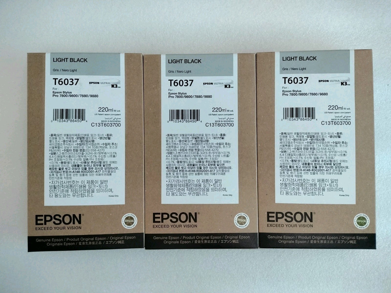 3 of 08-2023 GENUINE EPSON T6037 LIGHT BLACK 220ml INKS PRO 7800 9800 7880 9880