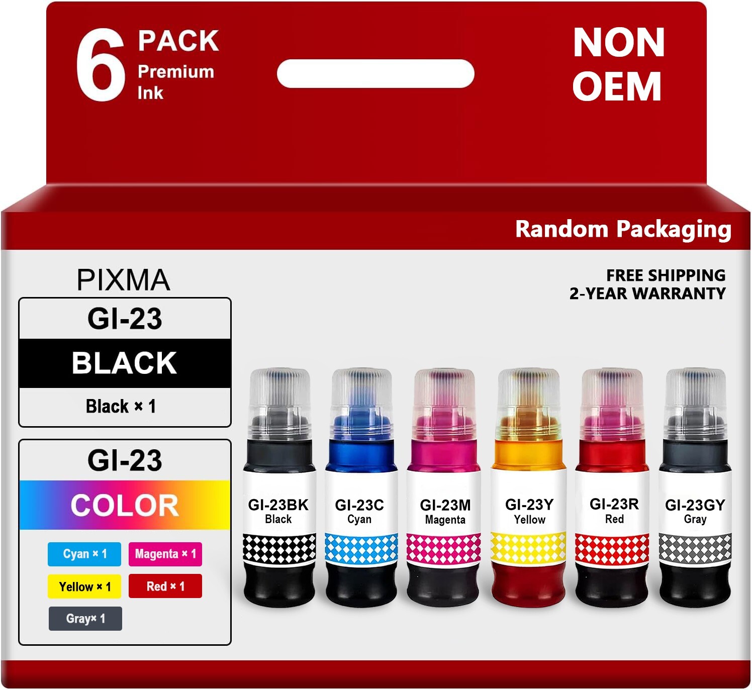 GI-23 6PK Y/C/M/BK/R/GY Ink Bottle PIXMA G620 G520 MegaTank Dye 57ml