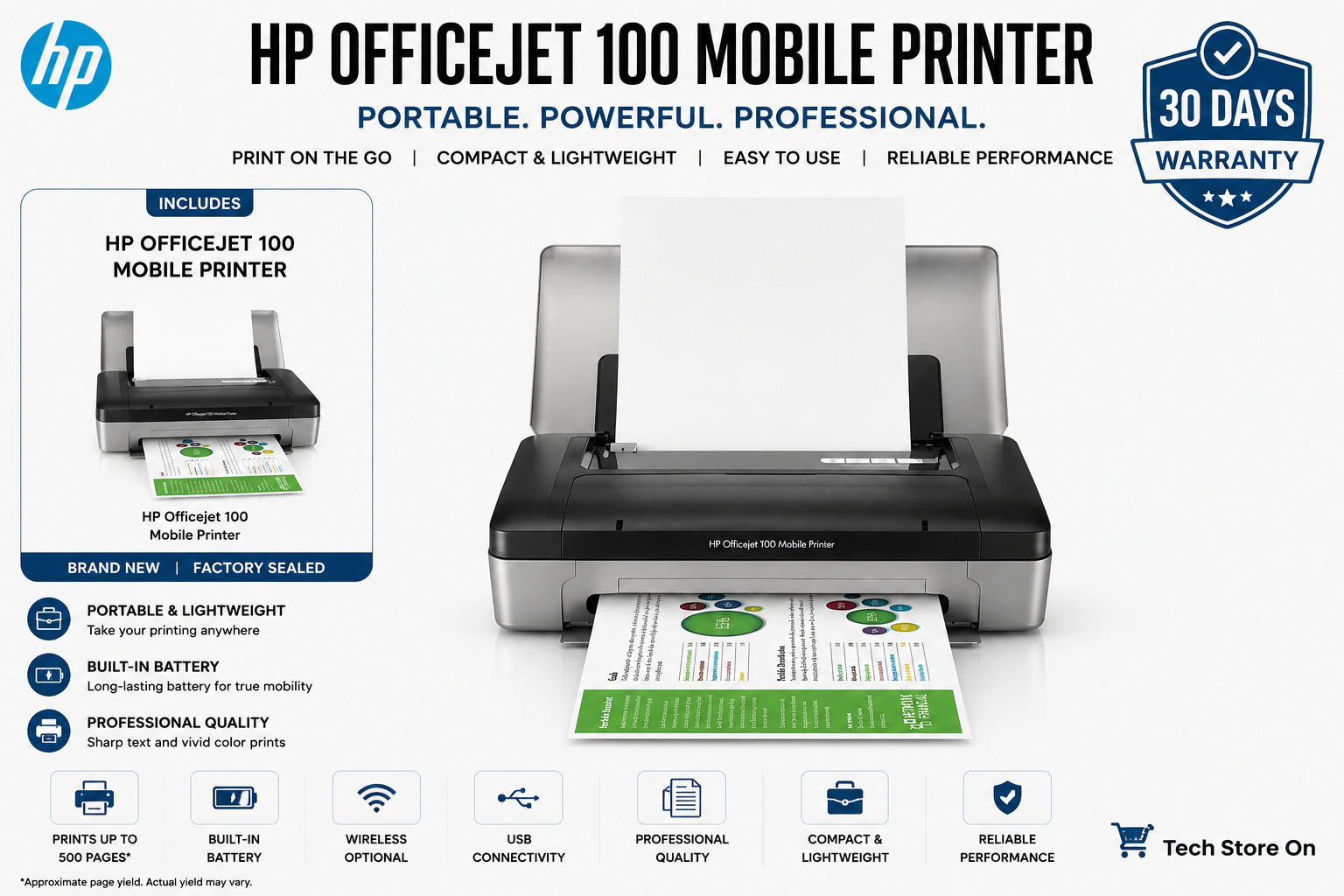 🍀 NEW IN BOX HP OfficeJet 100 Mobile Inkjet Bluetooth Printer L411a CN551A 🍀
