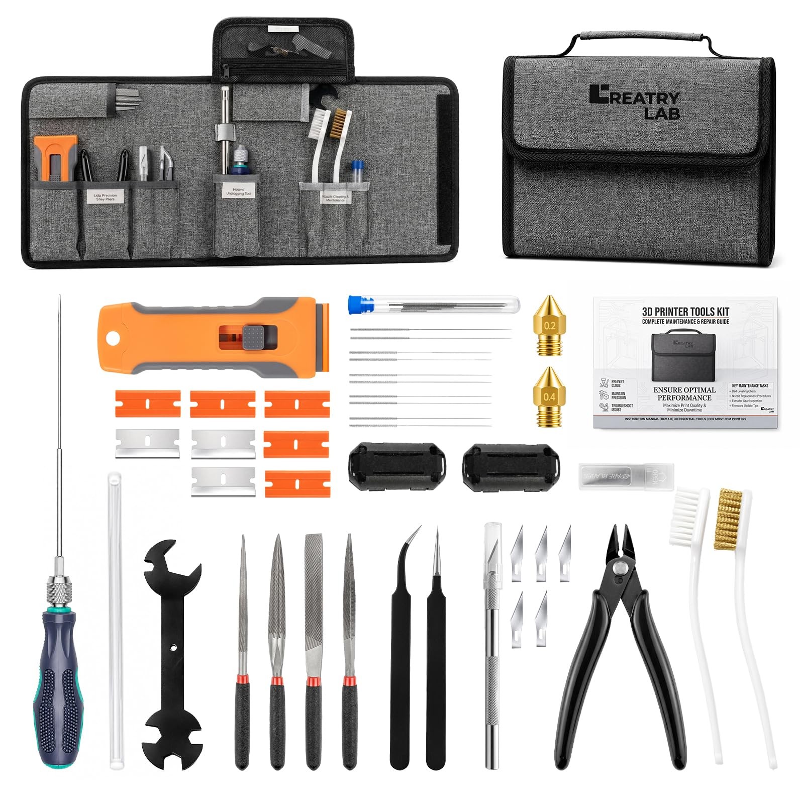 CreatryLab 3D Printer Tools, 38-Piece Maintenance 38-piece, Grey