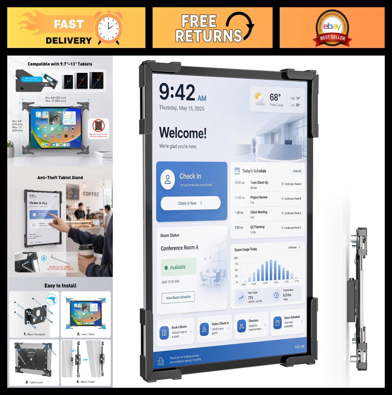 Tablet Wall Mount Holder, Anti-Theft 360° Rotation, Steel Wall-Mounted for 9.7"-