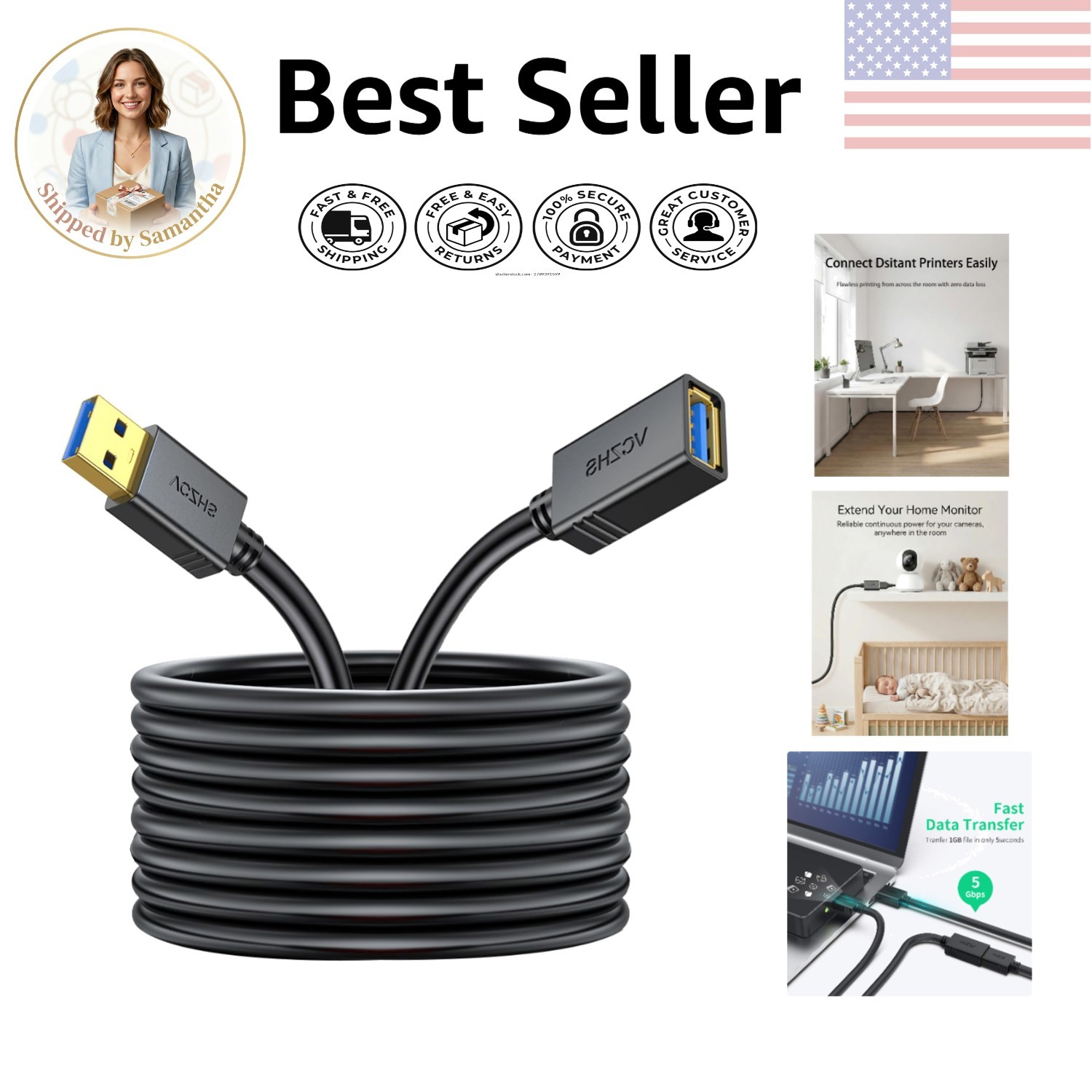 High-Speed USB 3.0 Extension Cable 20FT, Gold-Plated, Compatible with Printers