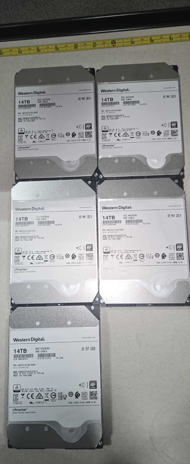 LOT OF 5 WD Ultrastar DC HC530 14TB WUH721414AL5204 0F31052 SAS 12Gb/s 3.5" HDD