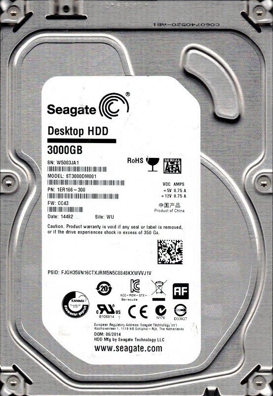ST3000DM001 P/N: 1ER166-300 F/W: CC43 WU W500 Seagate 3TB Desktop HDD