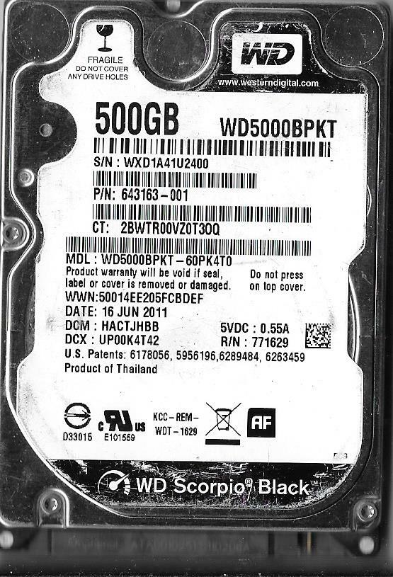 Western Digital WD5000BPKT-60PK4T0 500GB Sata Hard Drive DCM: HACTJHBB