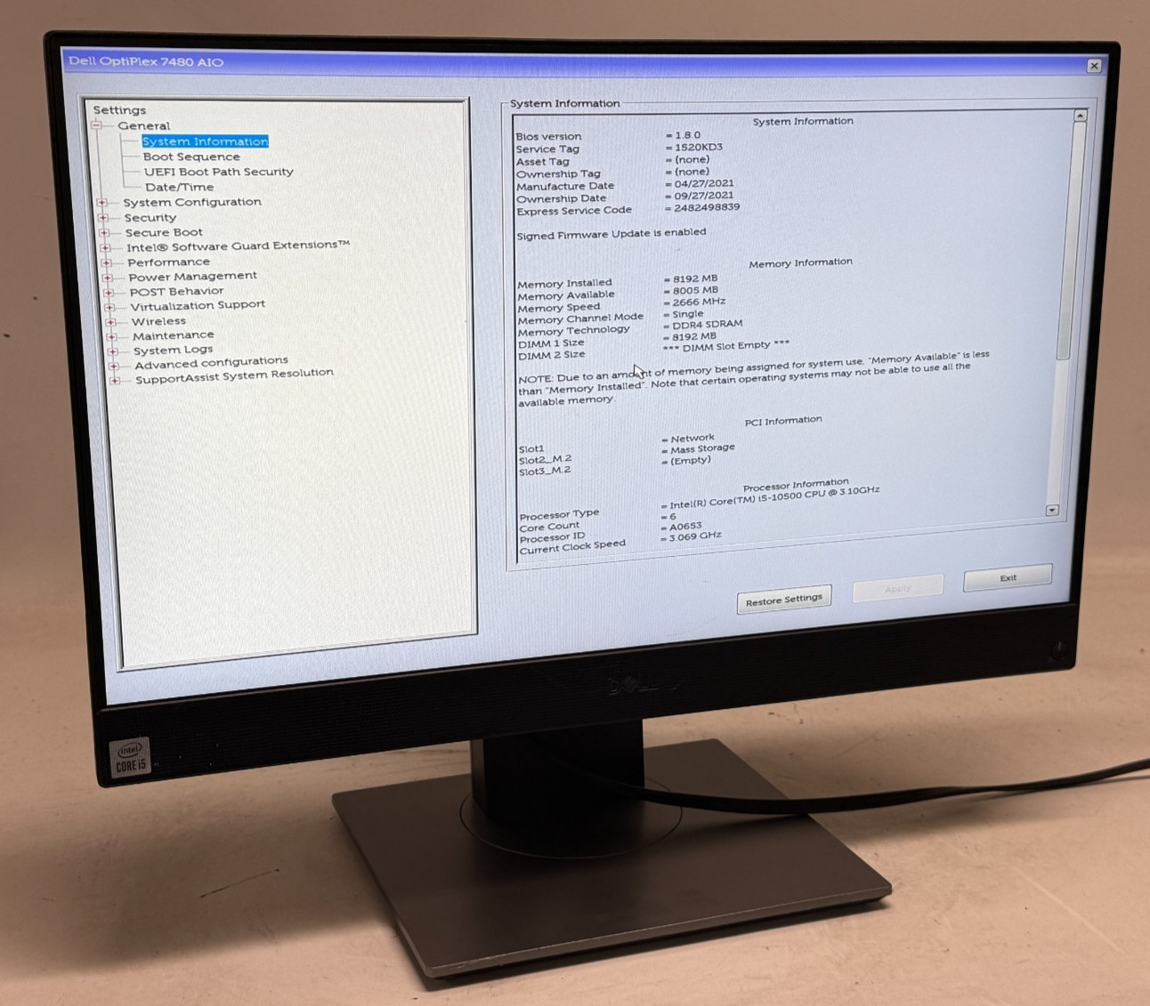 Dell OptiPlex 7480 AIO 23.8" (i5-10500 - 8GB RAM - 256GB SSD - Win11Home)