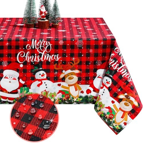 Fabric Christmas Tablecloth Table Cover for Rectangle Table, Washable Snowman 
