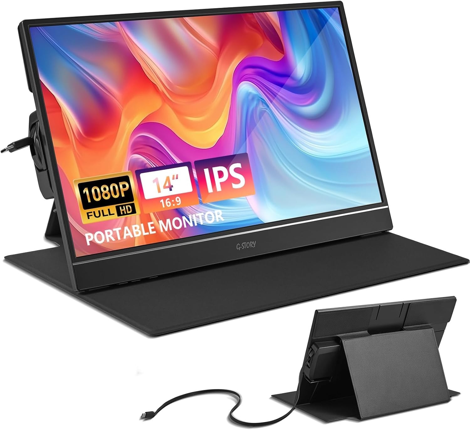 G-STORY 1080P 14" Portable Dual USB C Monitor for Laptop Screen Extender Full HD