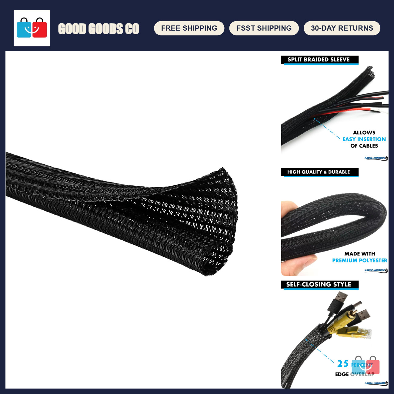 100ft Braided Cable Sleeve - 0.75" Self-Closing Split Wire Wrap Organizer Cover