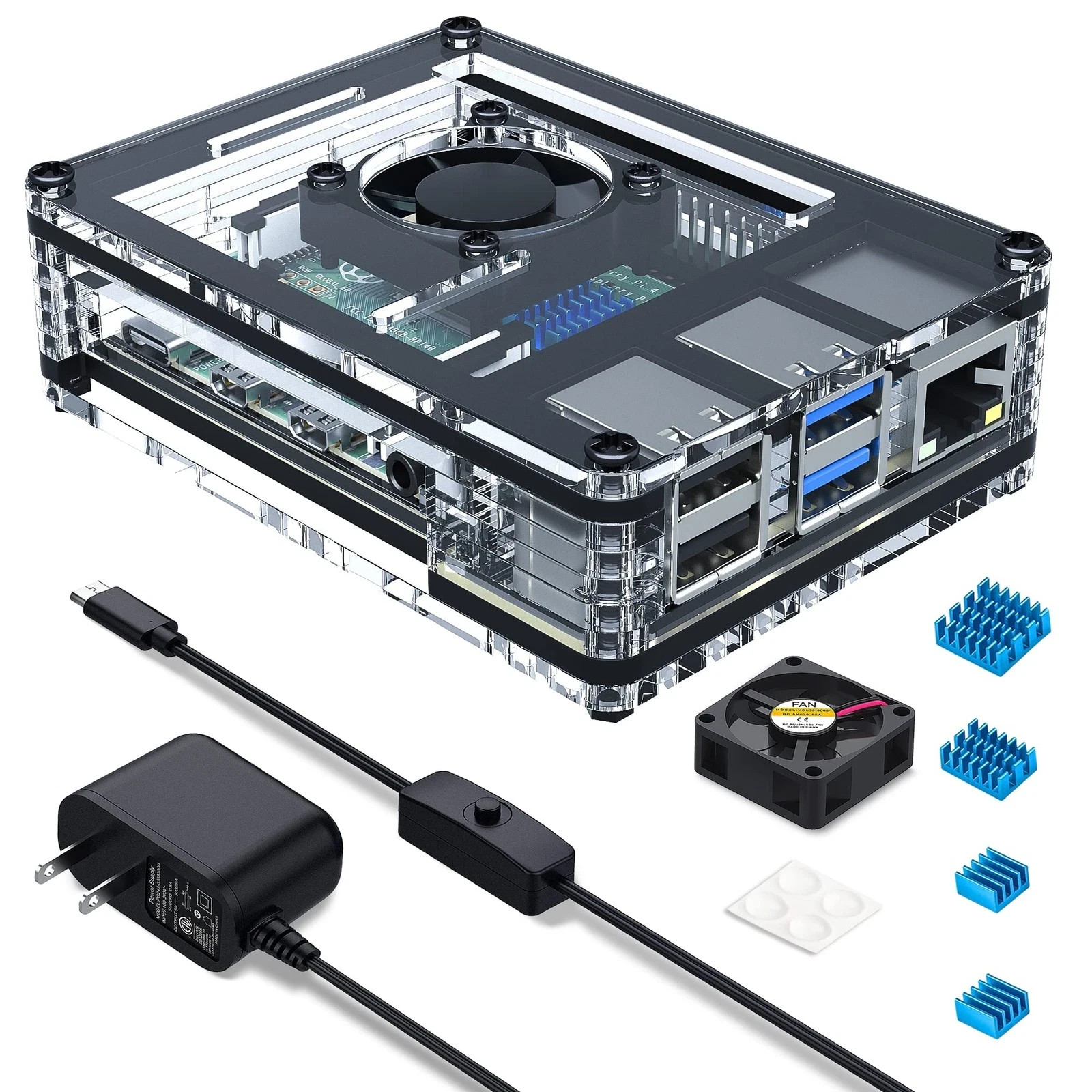 Raspberry Pi 4 Case with Fan Cooling Pi 4B Case with 5V 3A Power Supply, 4 pc...