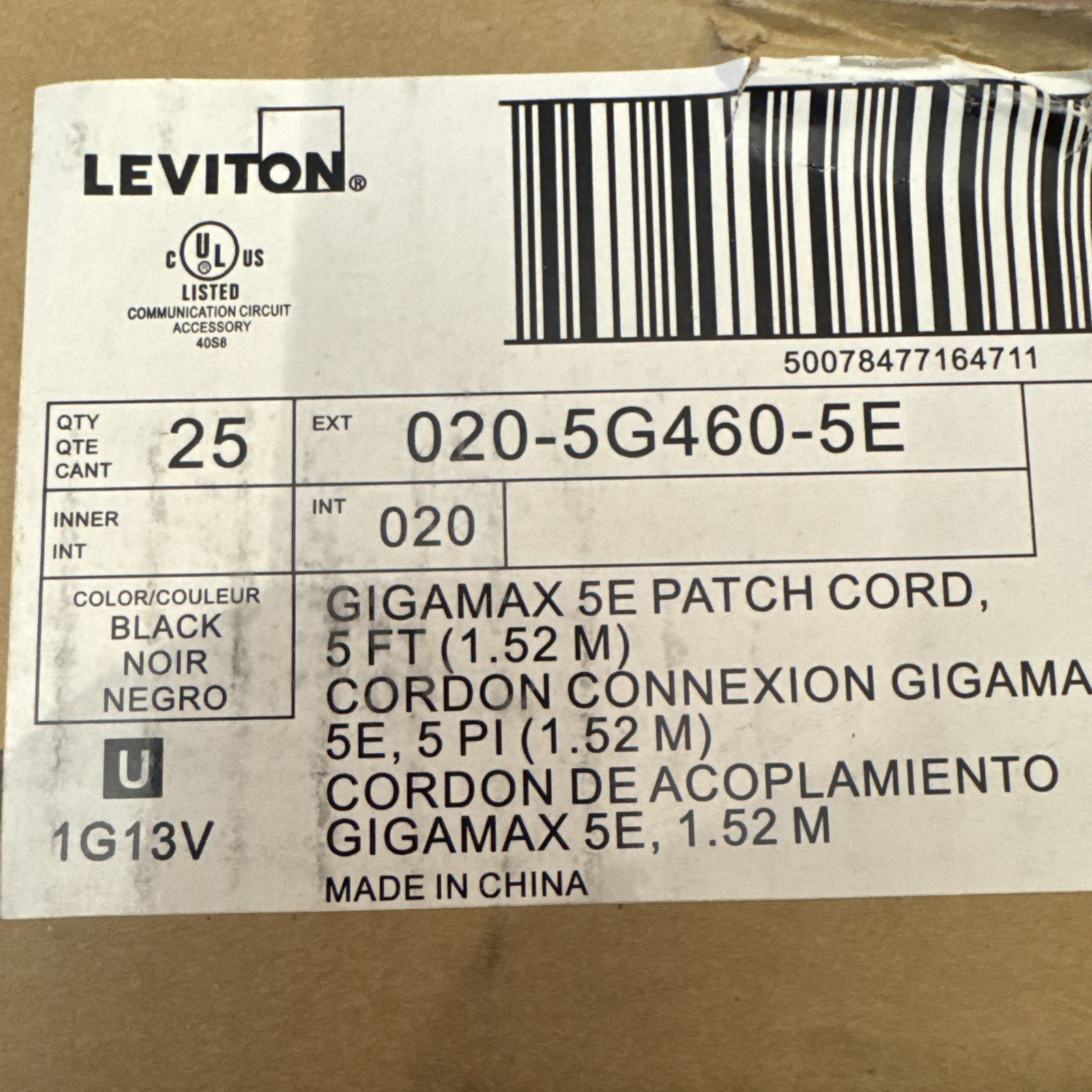 Leviton- Qty 25 Black GIGAMAX 5E 110 Patch Cord 5FT