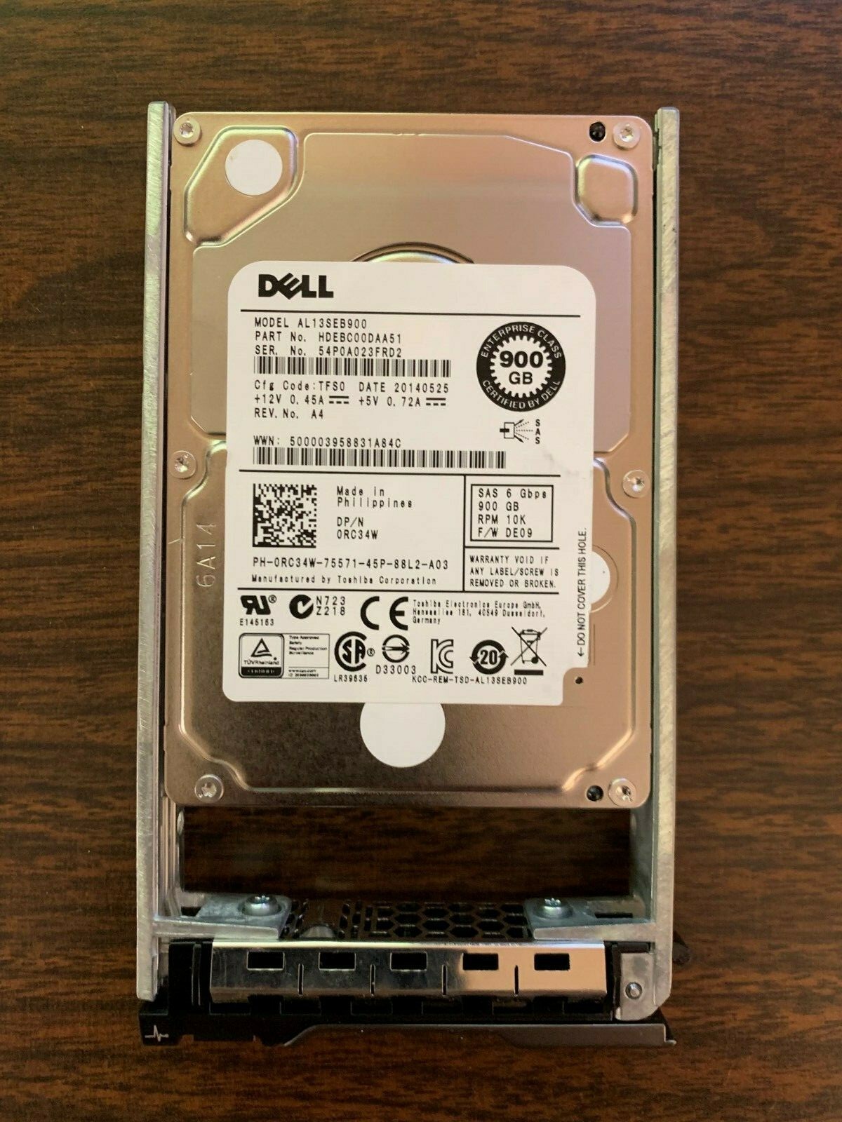 RC34W DELL 900GB SAS 10K 6Gbps SFF Hard Drive Toshiba AL13SEB900 0RC34W
