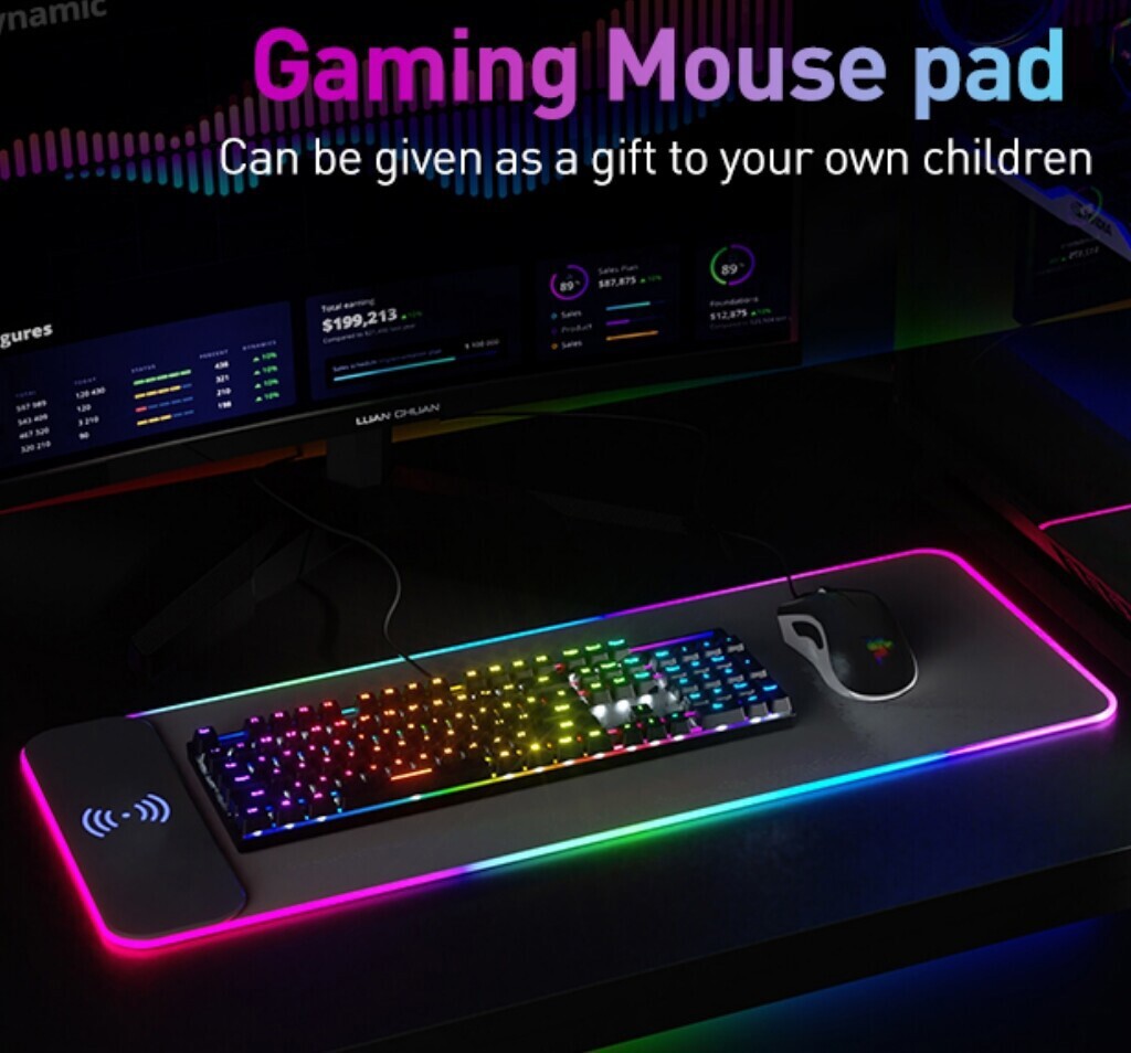 Wireless Charging RGB Gaming Mouse Pad 10 Color Selection Non-Slip Rubber Base