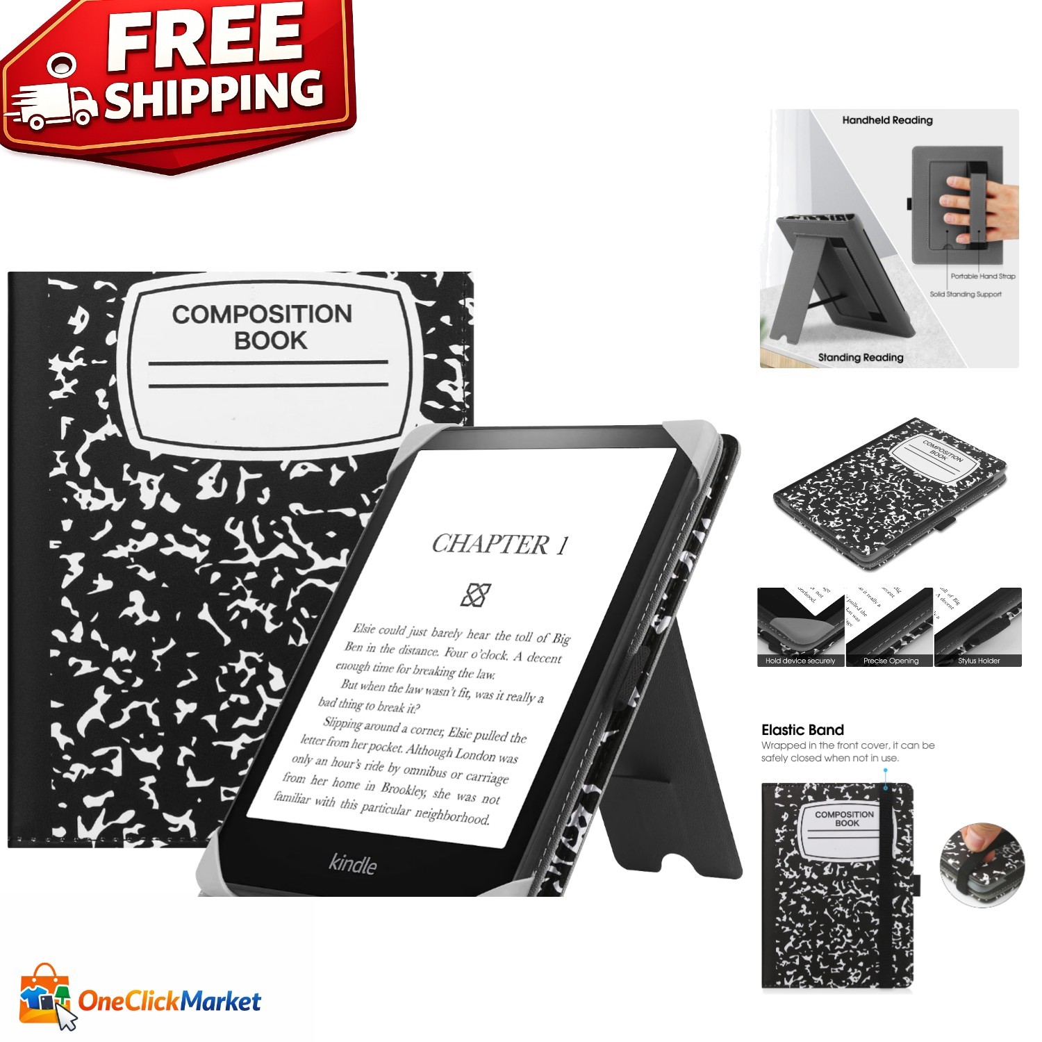 Stylish Folio Cover for 6" eReaders with Stand and Hand Strap – Composition Book