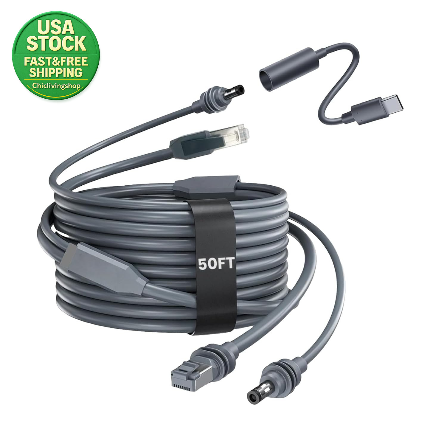 50FT Starlink Mini Ethernet Cable 2-In-1 DC Power Data Cord Waterproof RV