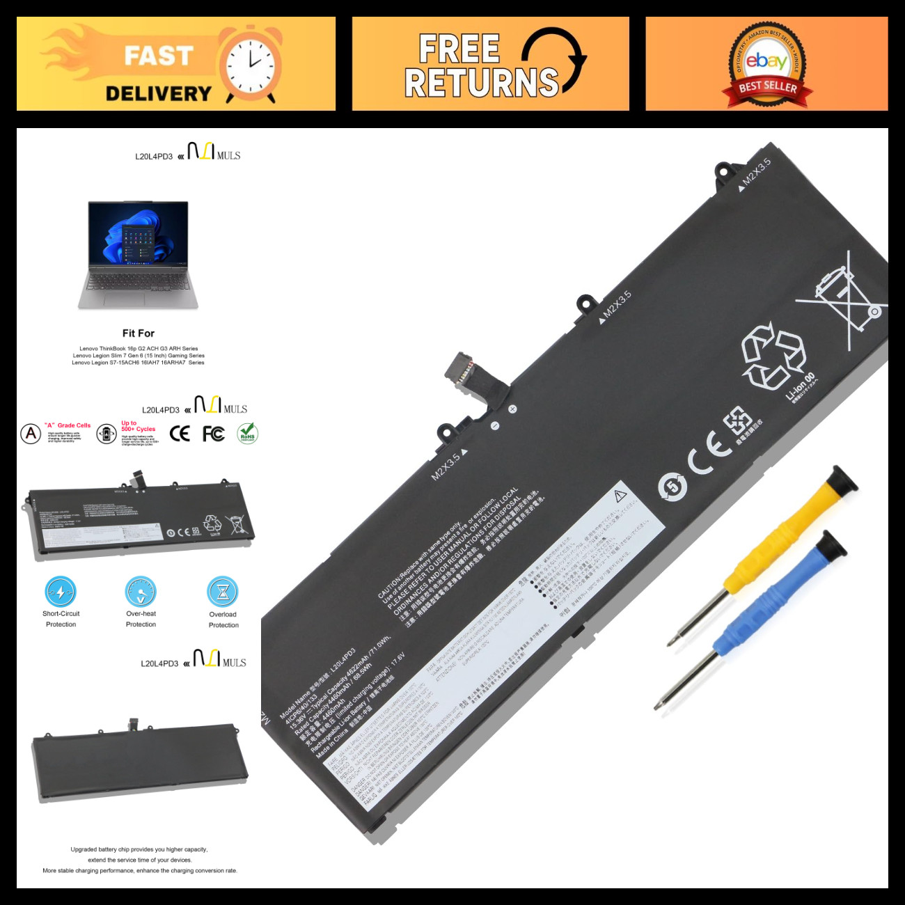 High-Capacity Laptop Battery for Lenovo Legion S7-15ACH6 S7-16IAH7, Replacement