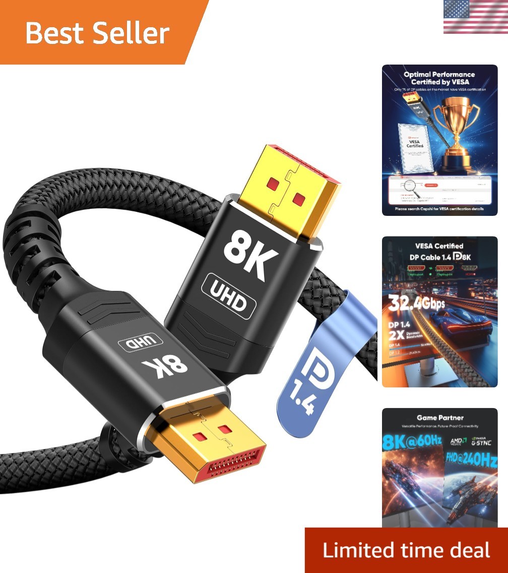 10ft Nylon Braided DisplayPort Cable - 8K@60Hz, 4K@144Hz, Durable & Flexible