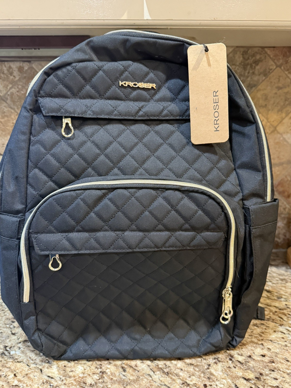 Kroser Laptop Backpack 15.6” Stylish Daypack w/ USB Charging- Quilted Black NWT