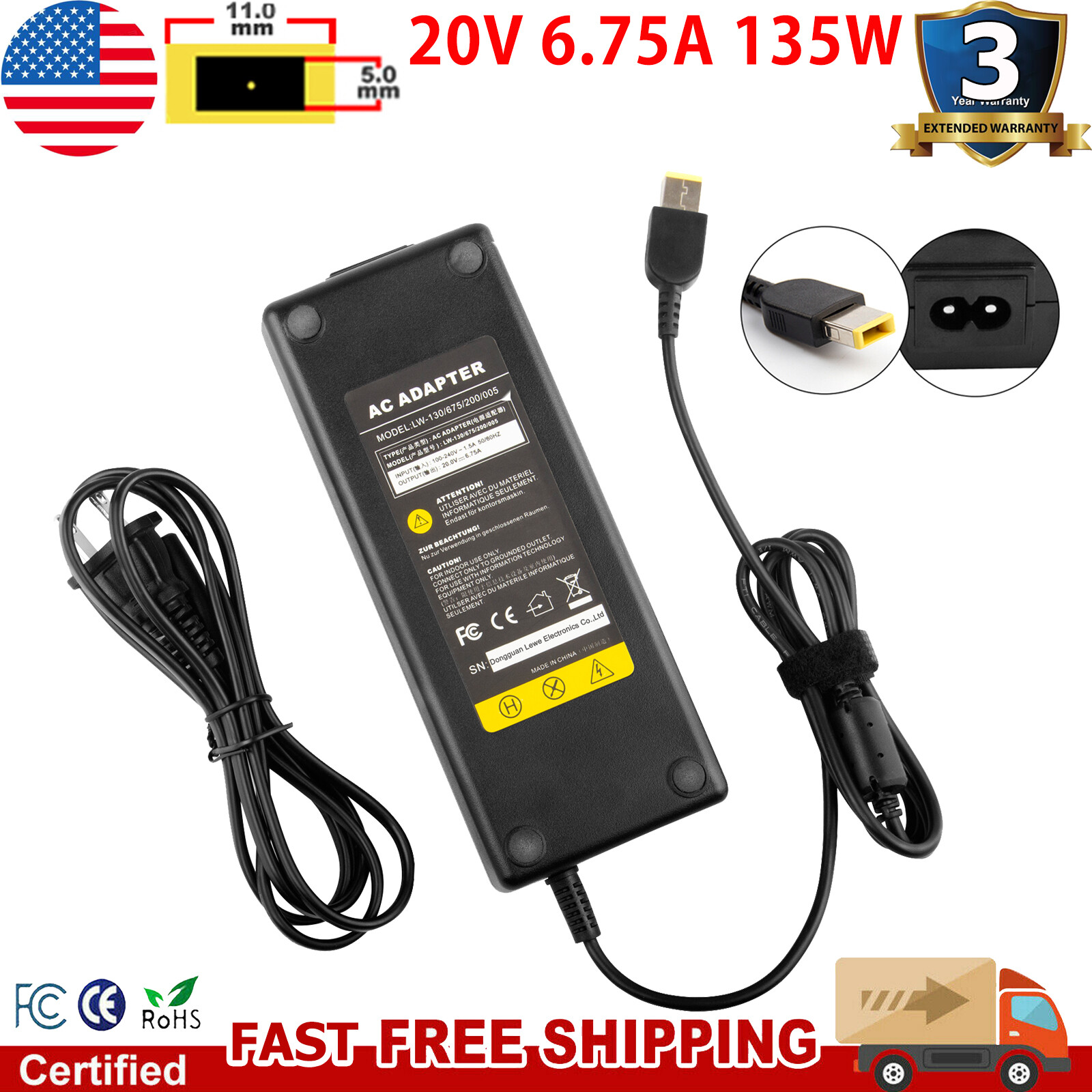 AC Adapter Power Charger For Lenovo Y40-70 Y50-70 20V 6.75A 135W ADL135NDC3A
