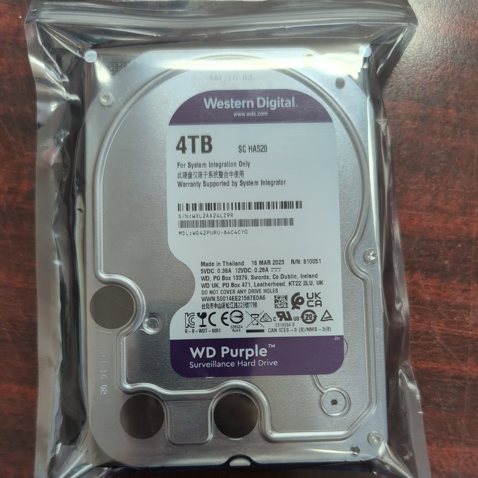 WD Purple Surveillance 4TB WD42PURU 3.5" SATA Hard Drive - 13 MAR 2023
