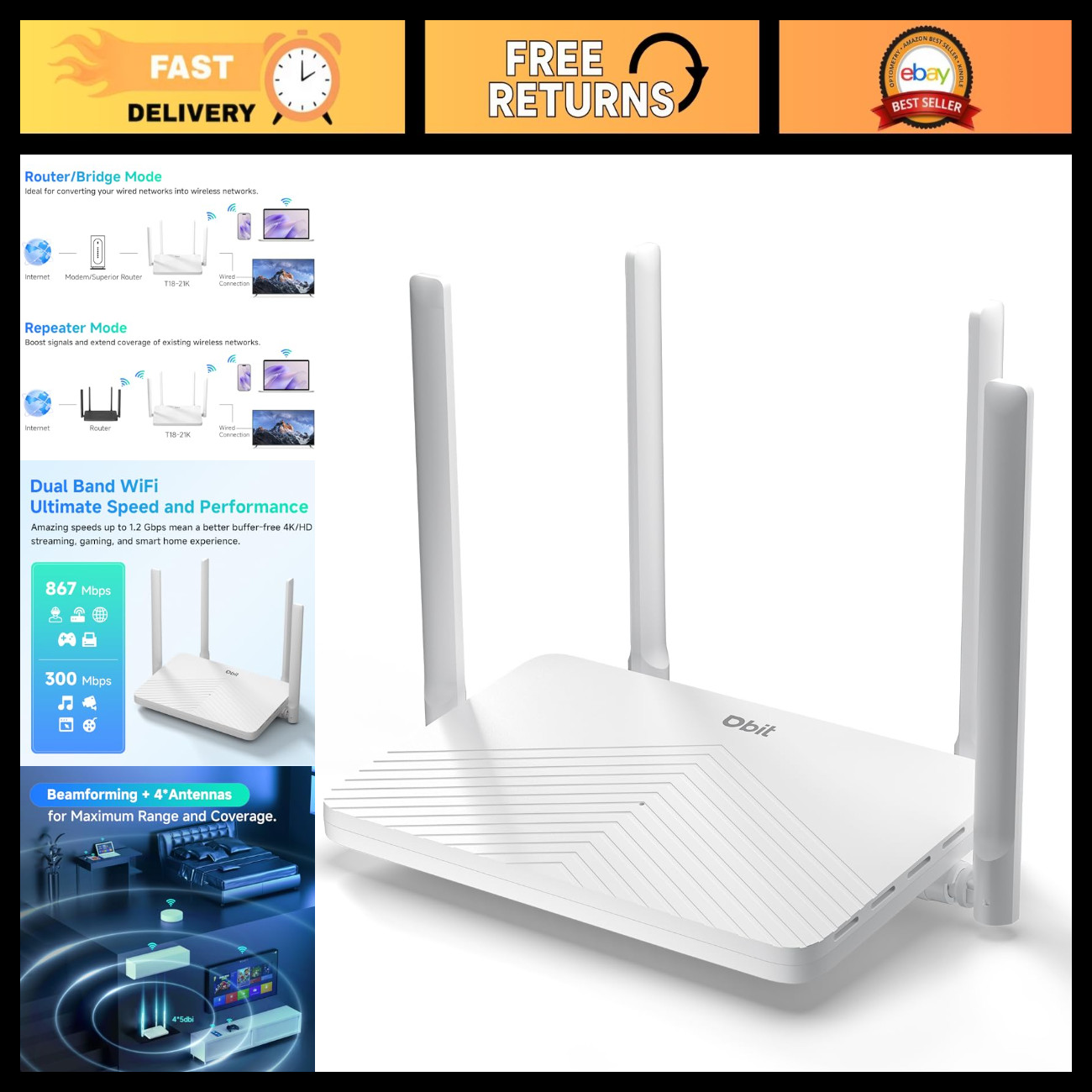 AC1200 Dual Band WiFi Router, MU-MIMO, 4 Gigabit Ports, EasyMesh, Guest Network