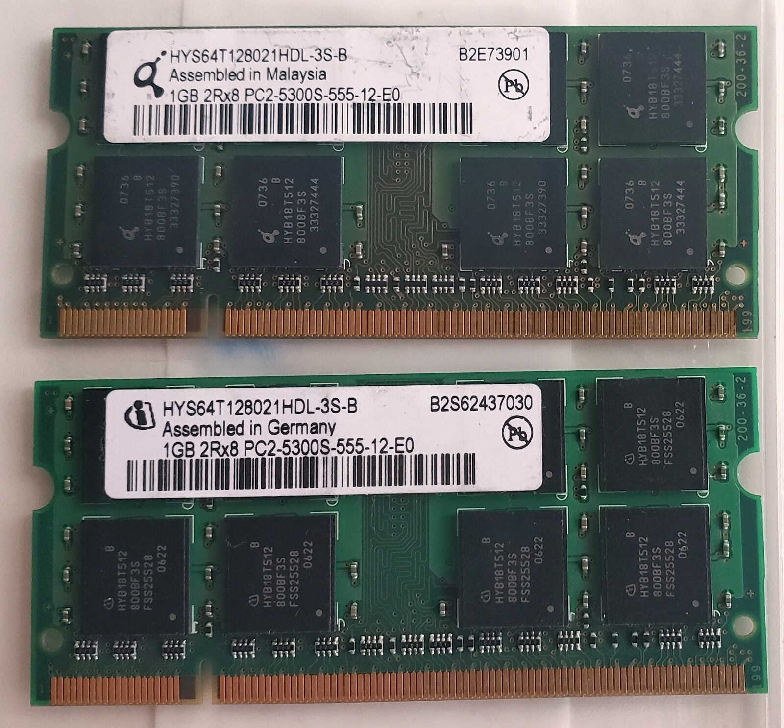 2x Qimonda/INFINEON 1GB 2Rx8 PC2 5300S 555-12 HYS64T128021HDL-3S-8 DDR2 667MHZ