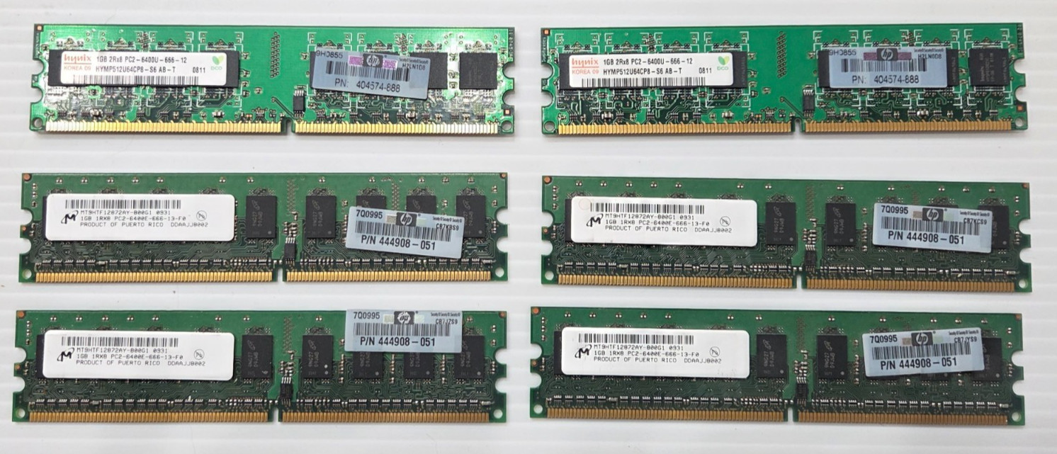 Lot of 6 1GB PC2-6400 Memory Module Total 6GB HP 444908-051