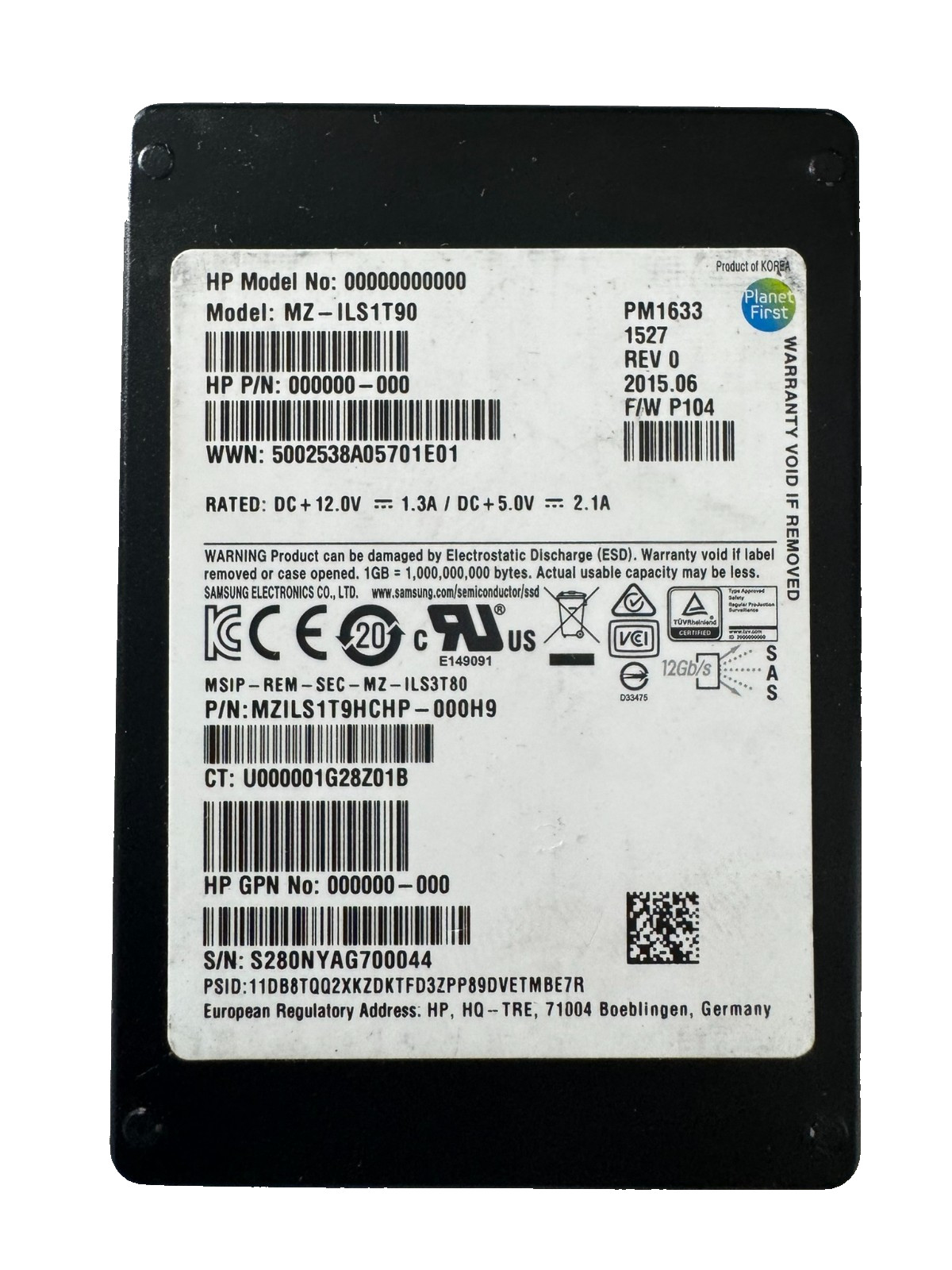 HPE SAMSUNG PM1633 1.92TB 2.5" SAS SSD 12Gbps/512b/sector/Low HOURs/100% HEALTH