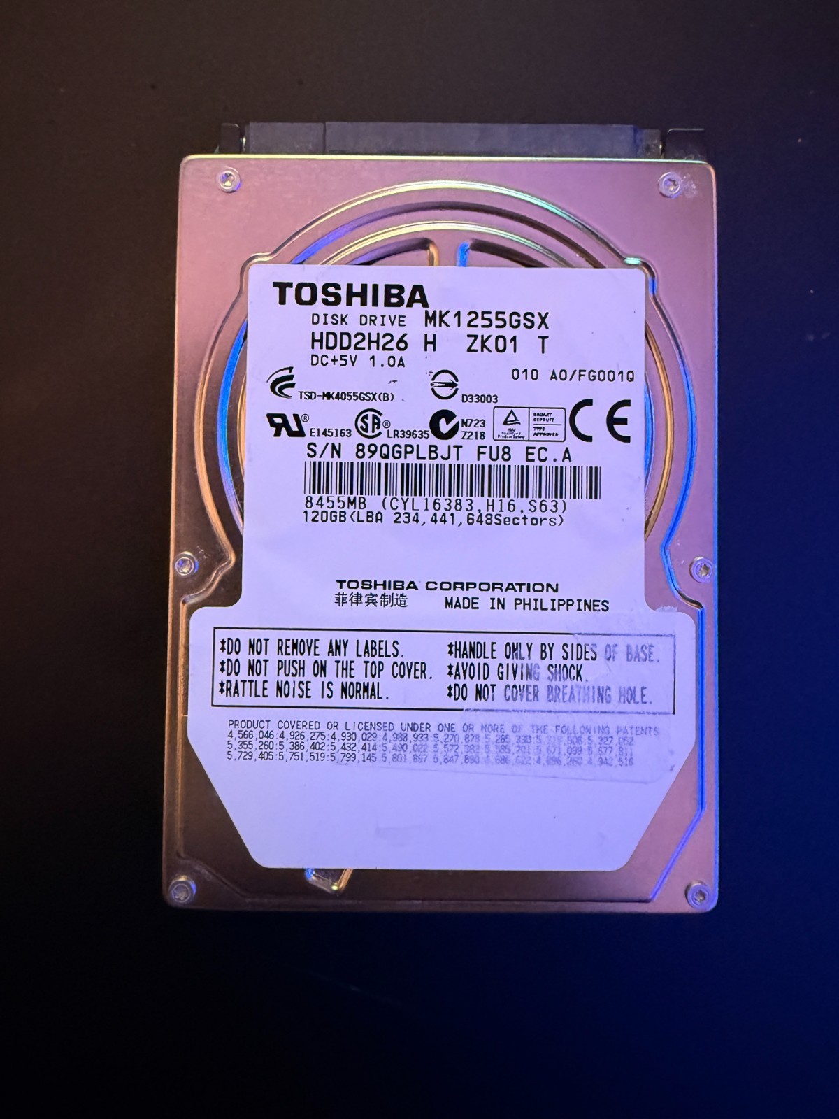 Toshiba MK1255GSX 120GB 5400RPM 2.5" SATA Internal HDD - TESTED & WORKING
