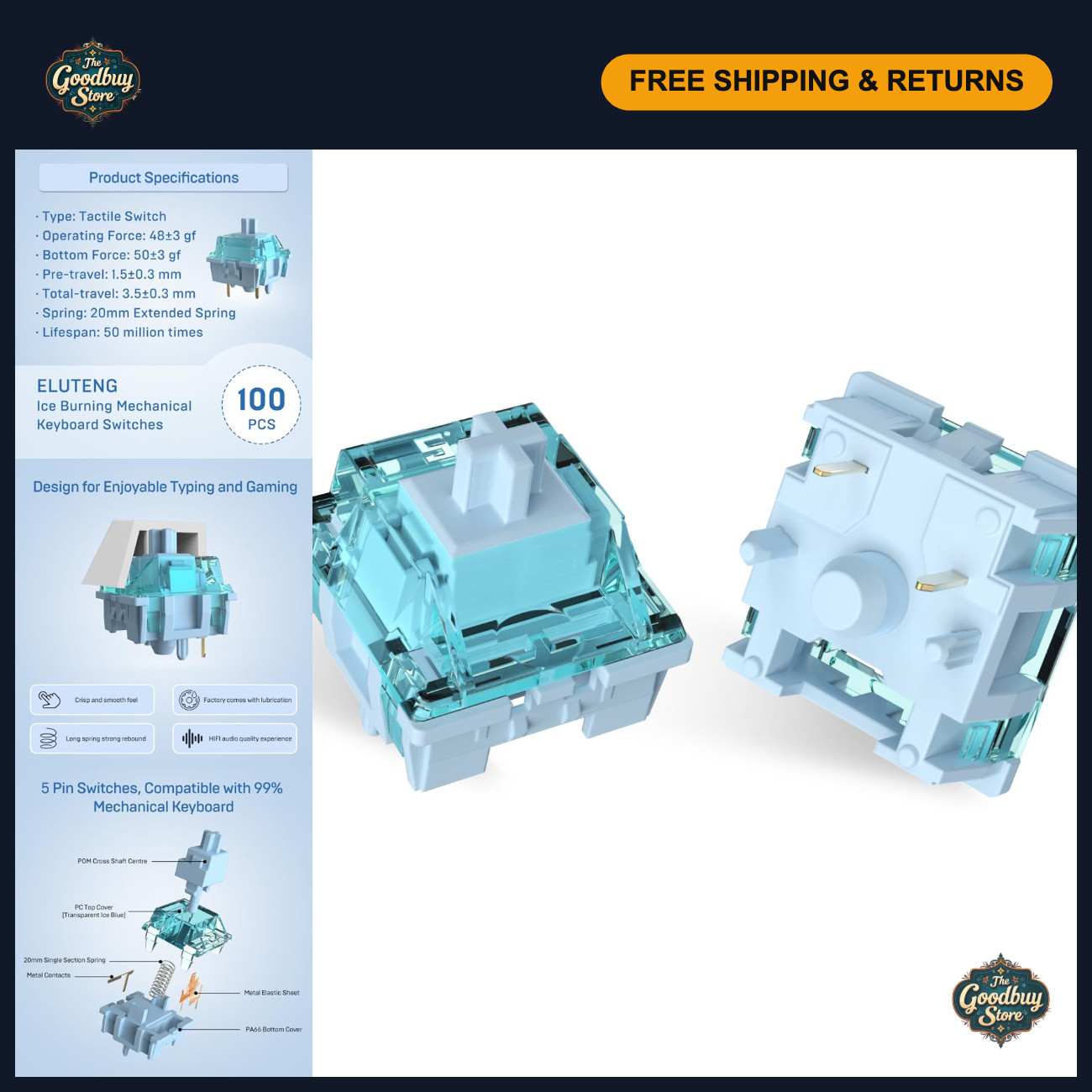 100 Pcs Tactile Mechanical Keyboard Switches - 48gf, Pre-Lubed, 5 Pins, Gaming U
