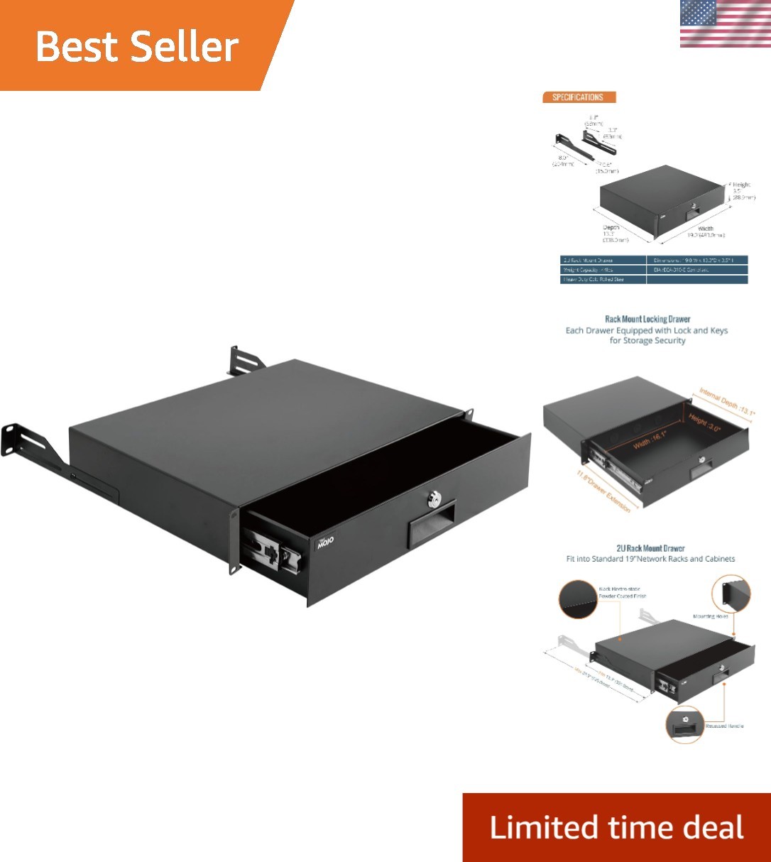 Durable 2U Lockable Drawer for Network Equipment - Easy Installation Included