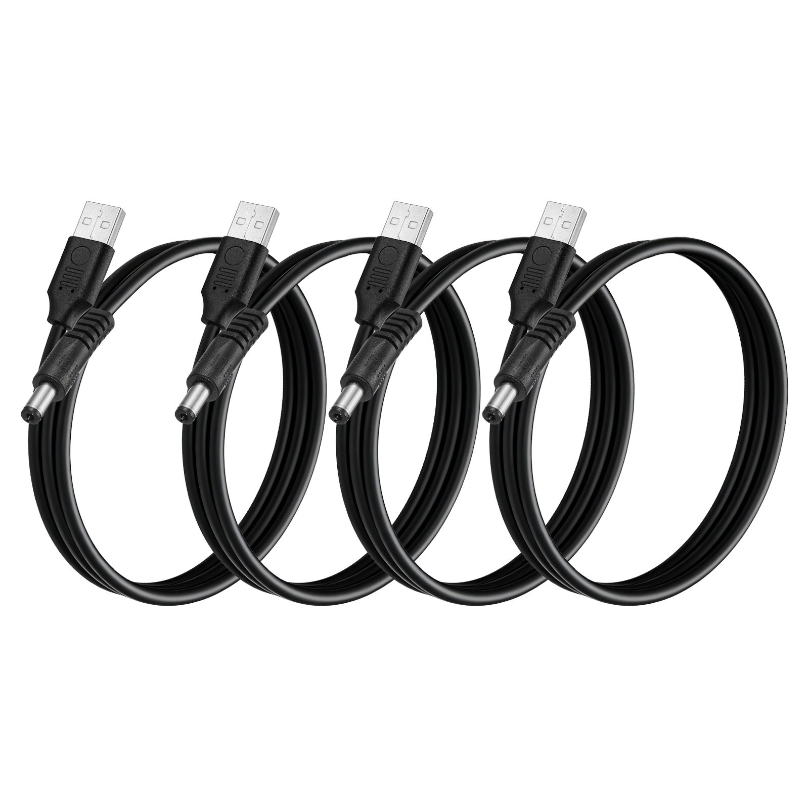 4Pcs USB to DC Power Cable 5.5x2.1mm, 5V 3A for LED Lights, 0.3 M/1Ft, Black