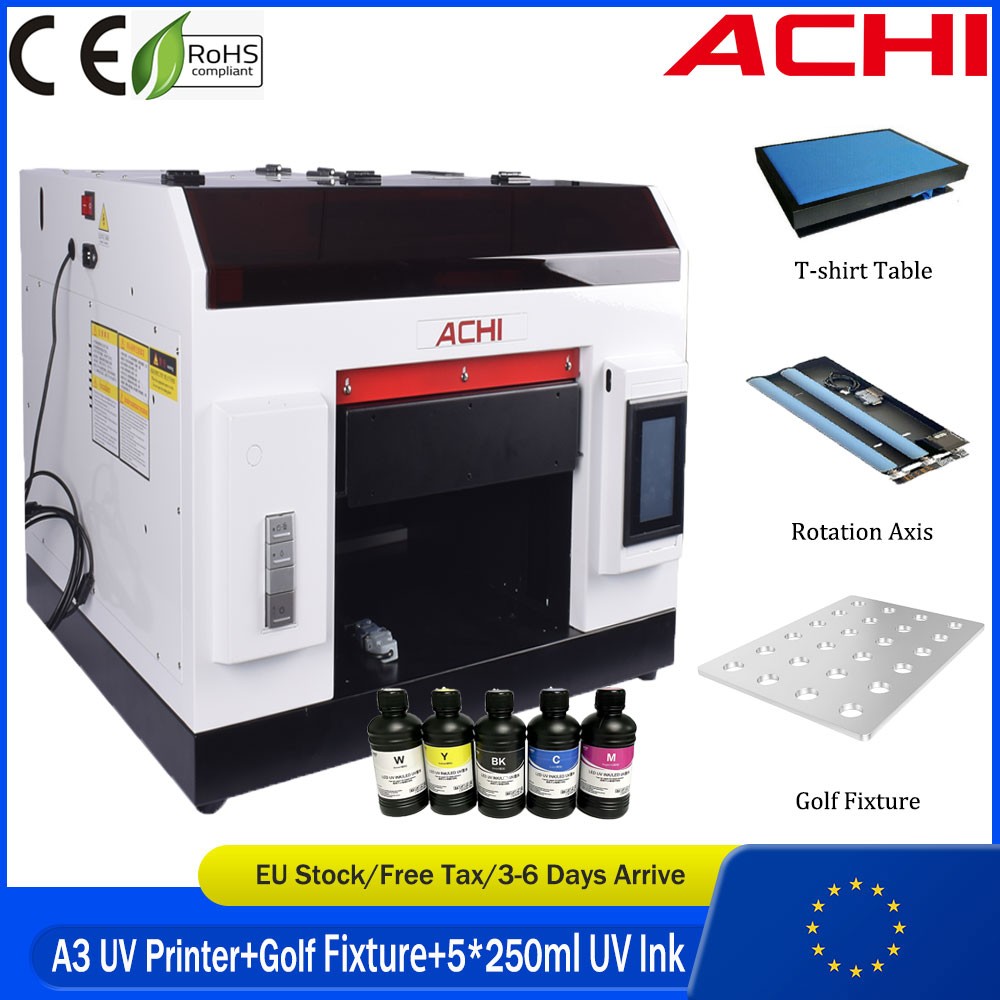 【EU】ACHI A3 UV Flatbed Inkjet Printer With Golf Fixture For Golf Boll Printing