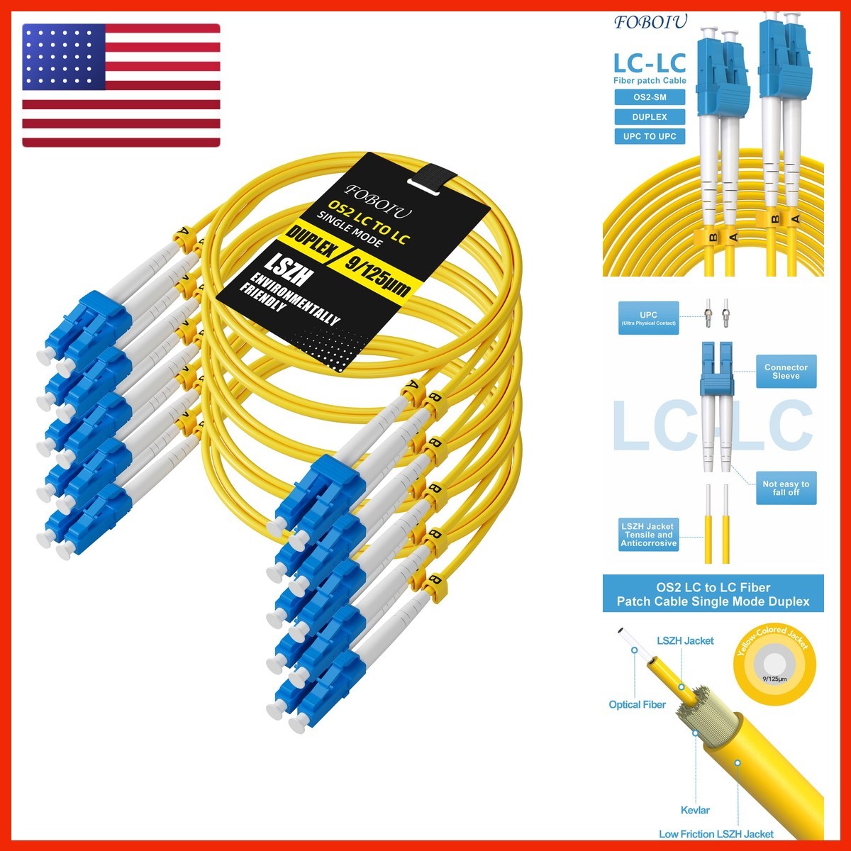 Foboiu OS2 LC to LC Single Mode Fiber Patch Cable 1m/3.3ft 5-Pack Duplex
