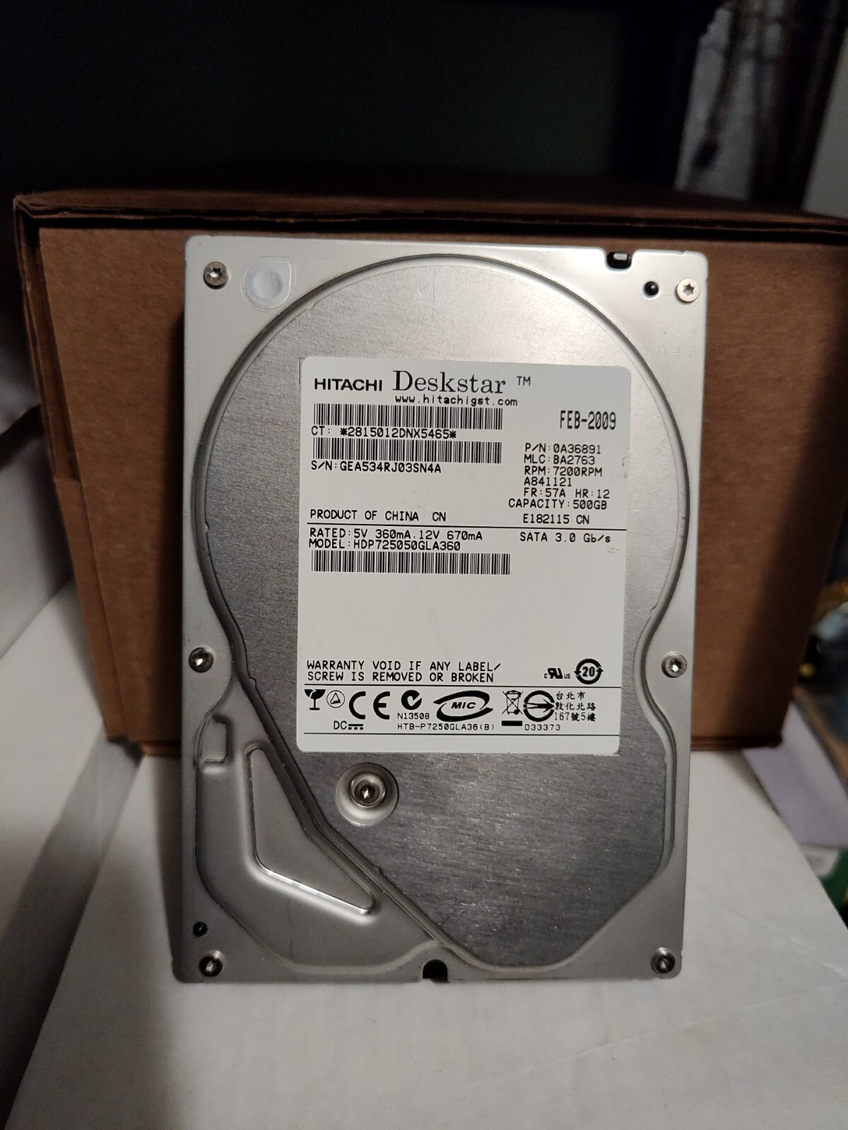 Hitachi Deskstar 500gb Internal Hard Drive HDP725050GLA360 - 7200RPMs Item #025