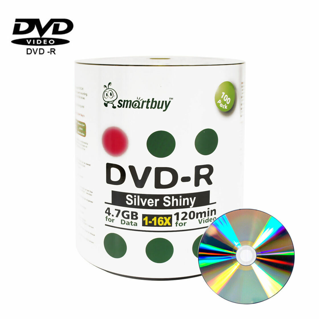 100 Smartbuy 16X DVD-R 4.7GB Shiny Silver Non Printable Blank Recording Disc