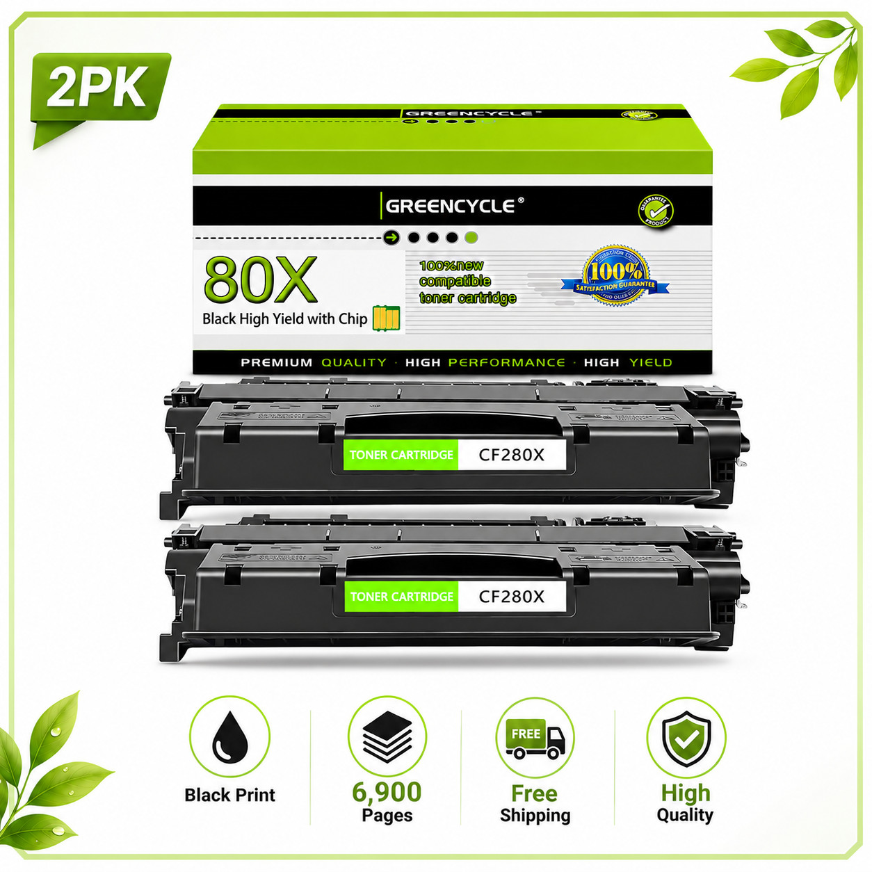 GREENCYCLE 2 Pack CF280X 80X Black Toner for HP M401dn M401n M425dn M401a M401dw