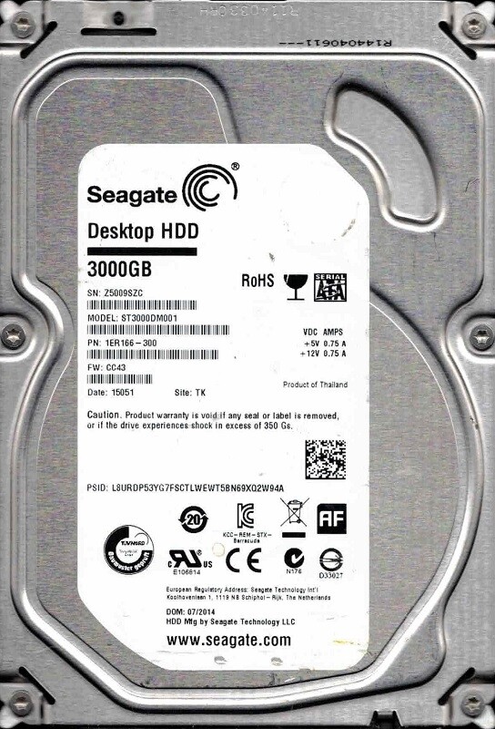 ST3000DM001 P/N: 1ER166-300 F/W: CC43 TK Z500 07/2014 Seagate 3TB