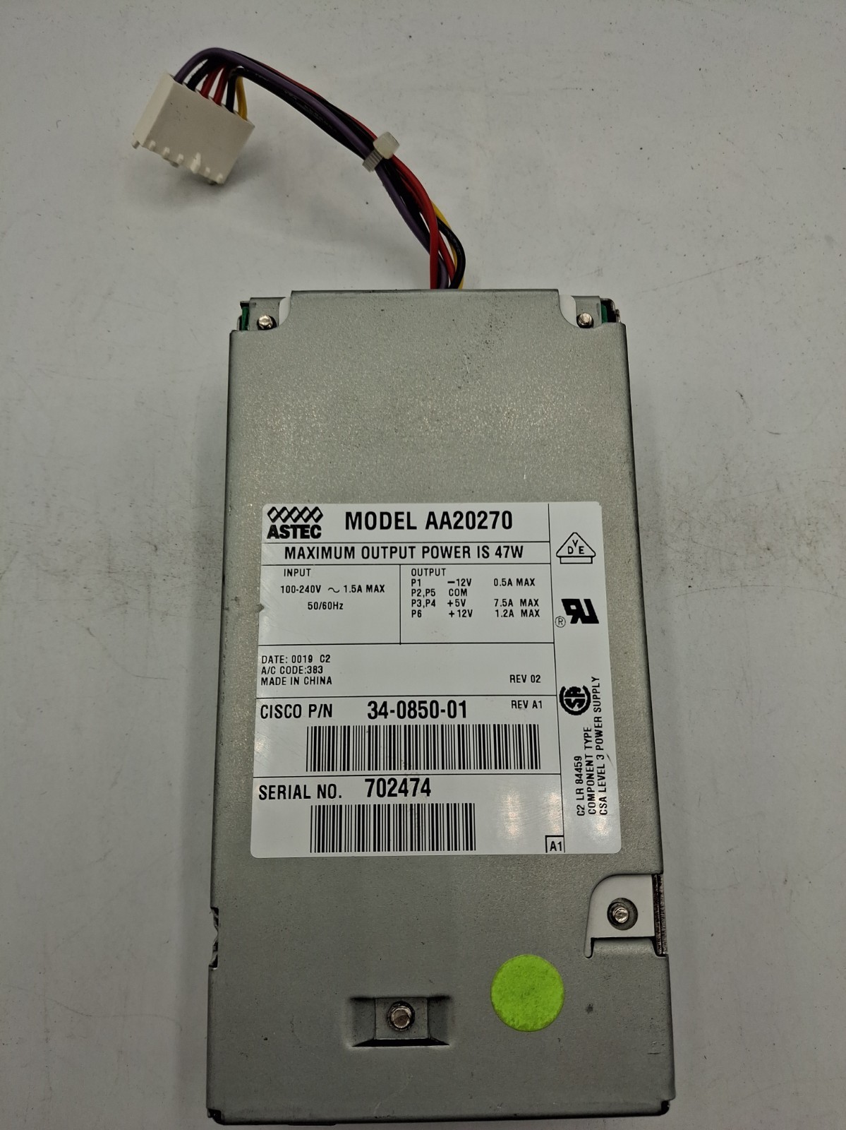 ASTEC AA20270 47W Power Supply 34-0850-01 Rev A1