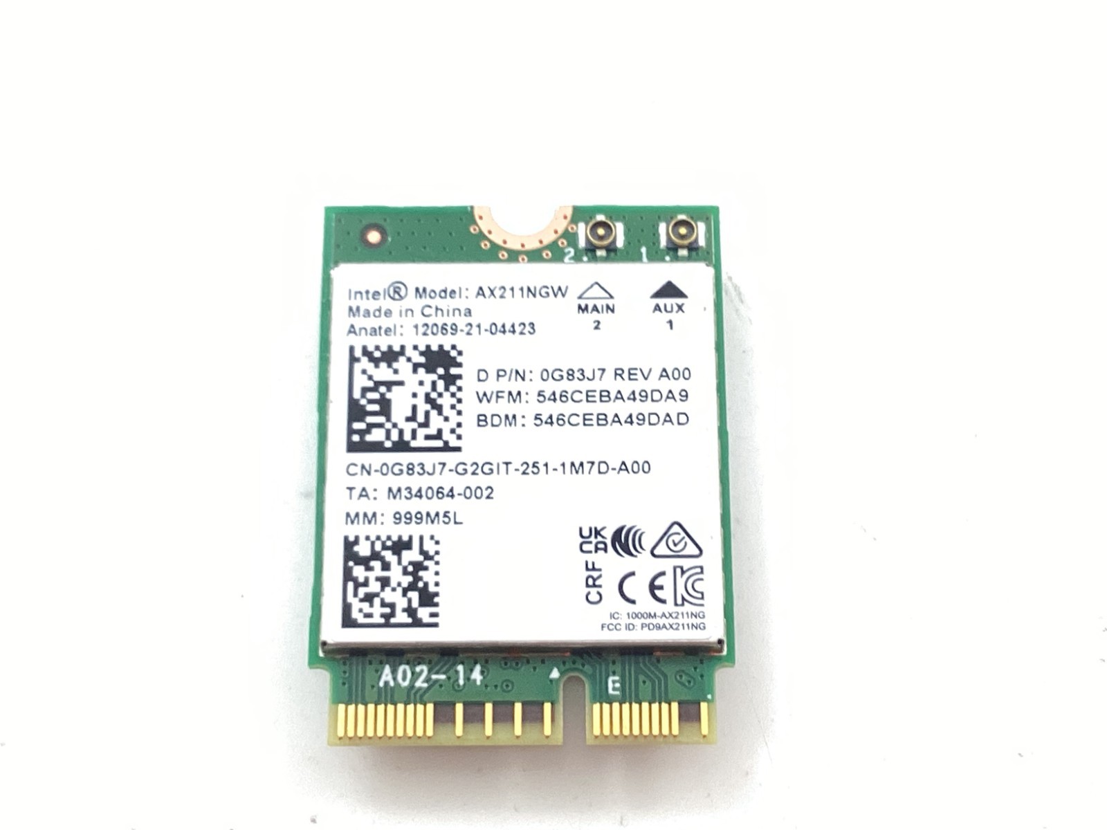 Intel Wi-Fi 6E AX211NGW M.2 2230 CNVio2 Key E 802.11ax Wi-Fi Card - 0G83J7