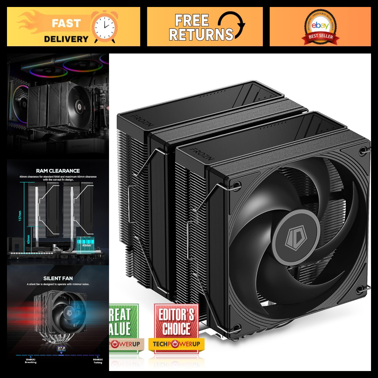 Dual-Tower CPU Cooler, Low Noise, 157mm Height, 260W TDP, Efficient Cooling Solu
