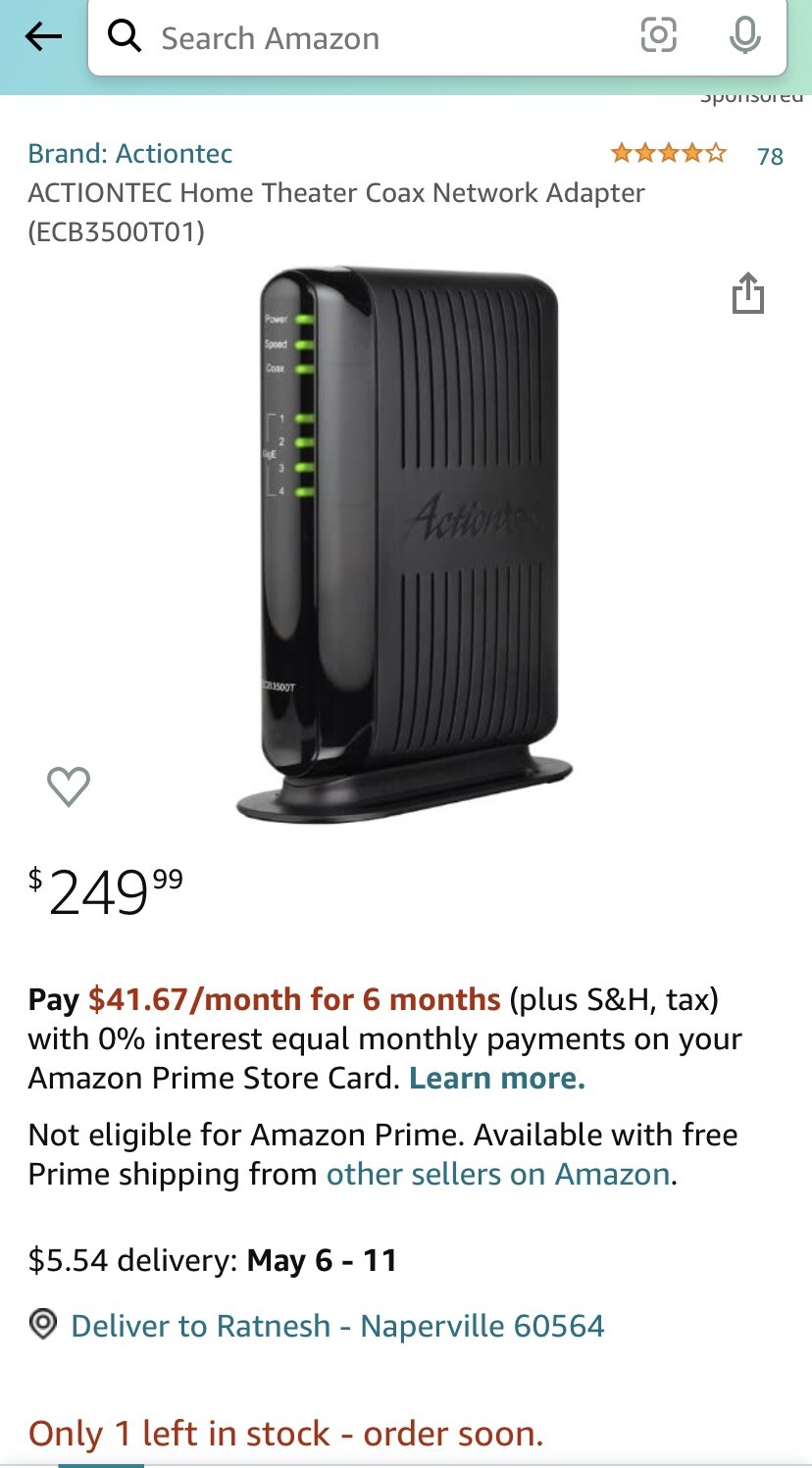 Actiontec ECB3500T Multi-Band (D/E) MoCA Network Adapter