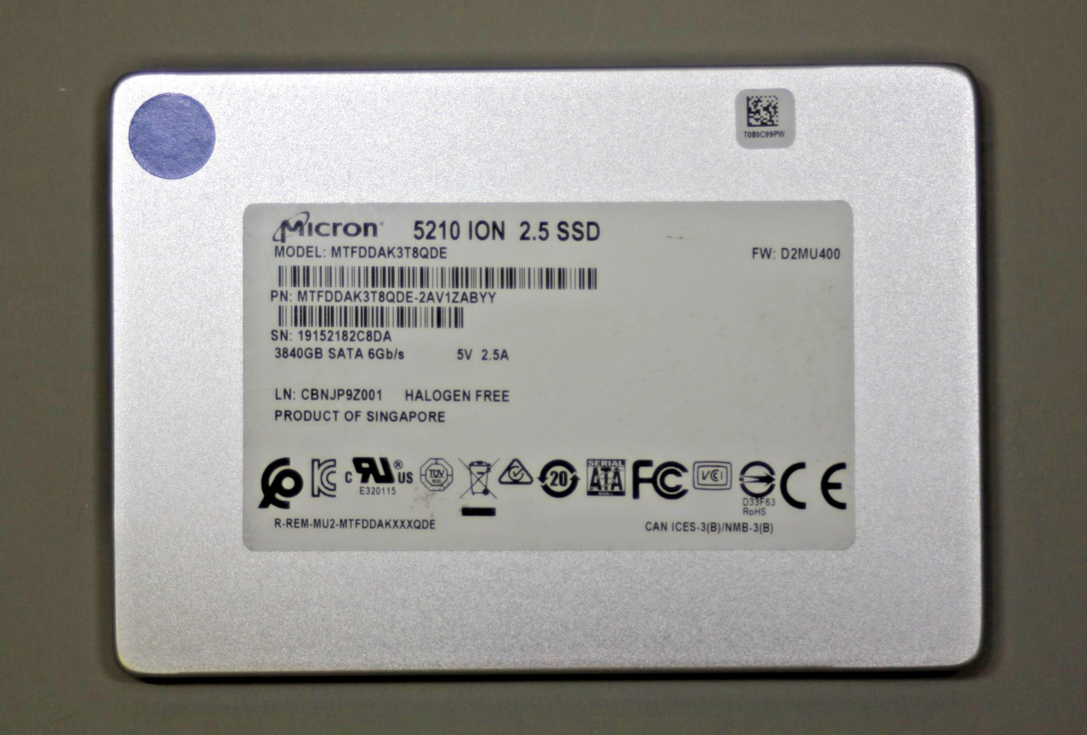 Micron 5210 ION MTFDDAK3T8QDE-2AV1ZABYY 3840GB 3.84TB 2.5 SATA SSD 90-99% Health